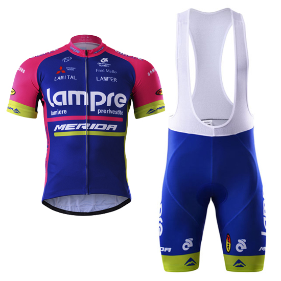 Lampre Merida Kurzarmtrikot 2017 und Kurze Tragerhose blau